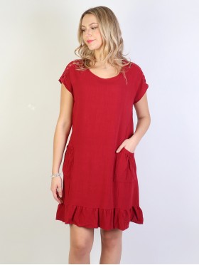 Shift Dress with Flowncy Edge.Cut-out Shoulder and Pockets